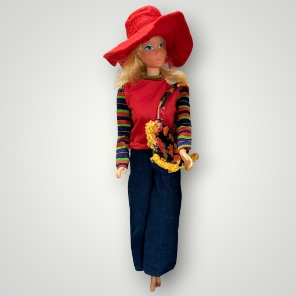 Mattel Malibu Barbie Doll Red Blue 70s Vintage Boho Striped Floppy Hat Mod MCM